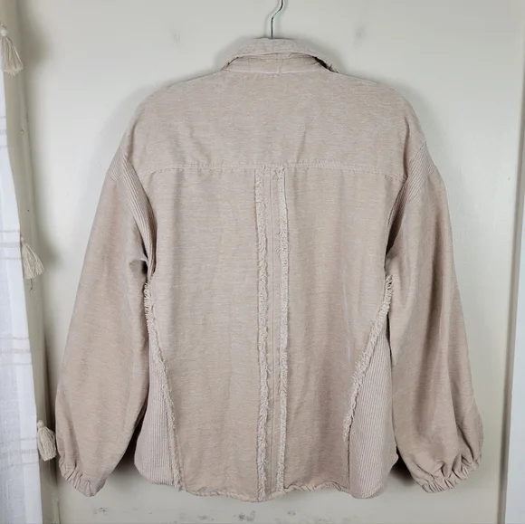 New In Mixed Media Oversized Button Down Beige Shacket Shirt Jacket - Picture 5 of 10
